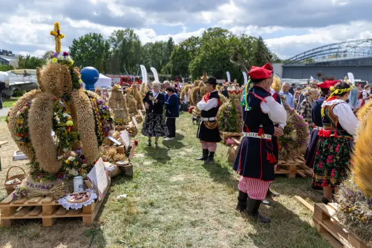 Dożynki z tradycyjnymi wieńcami, ludzie w strojach regionalnych, festiwal na świeżym powietrzu.