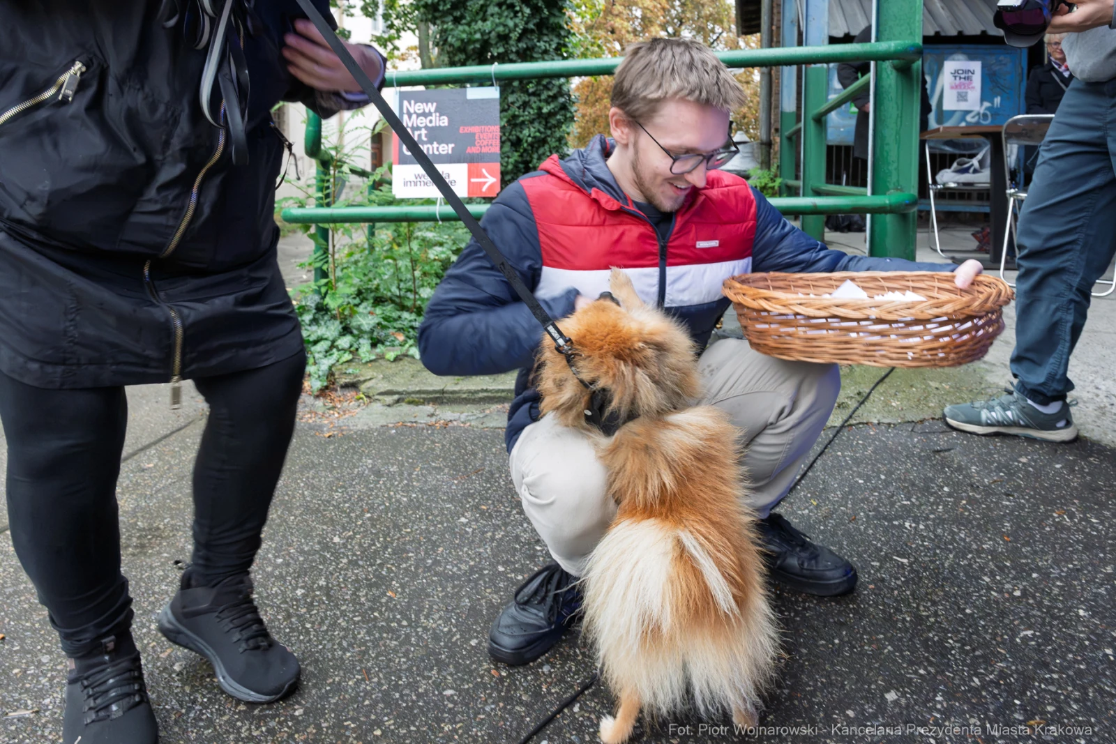 Mężczyzna z koszykiem klęczy przy psie rasy pomeranian.  Autor: Piotr Wojnarowski