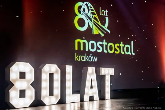 Logo Mostostal Kraków z napisem 80 LAT w podświetlonej formie.