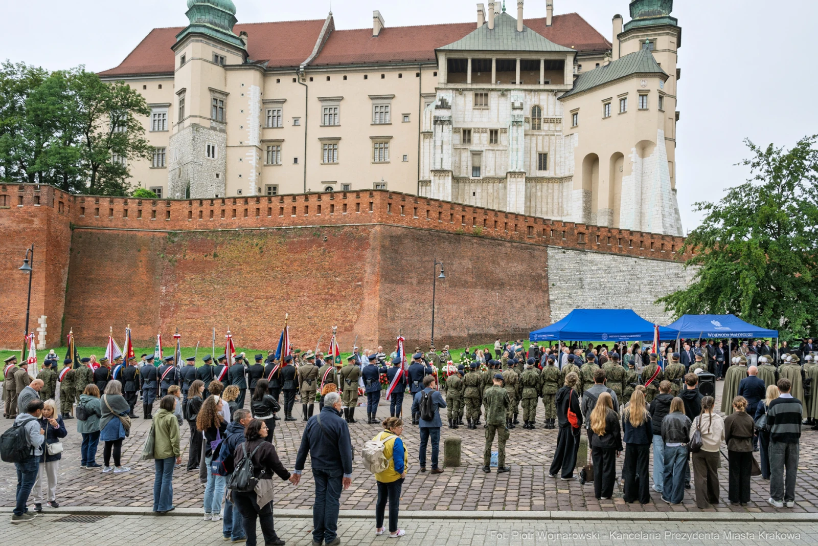 Zgromadzenie ludzi z flagami przed zamkiem w Krakowie.  Autor: Piotr Wojnarowski