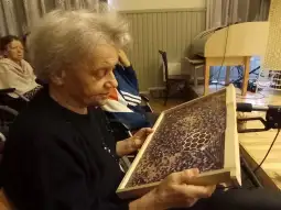 Starsza kobieta trzyma w rękach ramkę z obrazem przedstawiającym pszczeli plaster miodu.