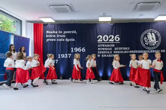 Dzieci w strojach ludowych tańczą na scenie podczas otwarcia nowego budynku szkoły.