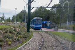 Tramwaje na torach w otoczeniu zieleni i kwiatów.