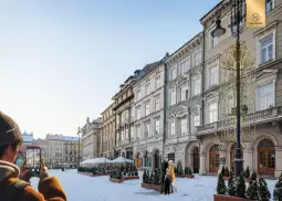 Zimowy krajobraz miasta z osobą robiącą zdjęcie i parą na tle eleganckich budynków.