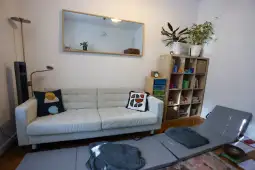 Nowoczesny salon z jasną sofą, regałem i roślinami.