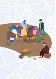 Grupa ludzi zbierających ziemniaki w koszach na tle mapy.