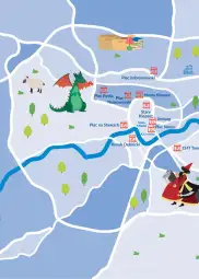 Mapa z lokalizacjami w mieście, w tym placami i postaciami fantastycznymi.