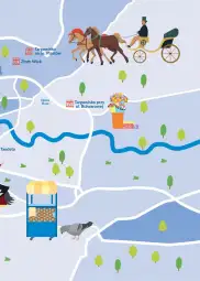 Mapa z lokalizacjami targowisk, postaciami konnymi i elementami miejskiego krajobrazu.