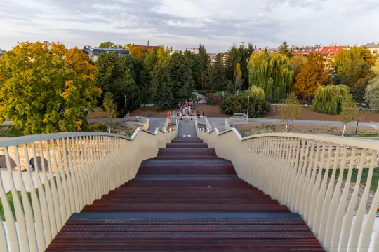 Widok na schody prowadzące w dół, otoczone zielenią i drzewami w parku.