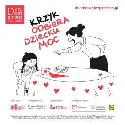 Kobieta krzyczy na dziecko, obok serca i rozlany sok, hasło o przemocy wobec dzieci.