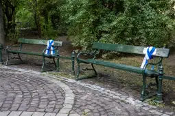 Dwa zielone ławki z niebiesko-białymi wstążkami w parku.
