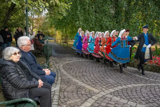Grupa osób w tradycyjnych strojach ludowych tańczy w parku, obok siedzą starsze osoby.