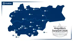 Mapa Krakowa z lokalizacjami cmentarzy obsługiwanych przez komunikację miejską w 2026 roku.