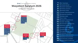 Plan cmentarza Rakowickiego z oznaczeniem lokalizacji grobów i numerów.