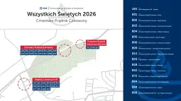 Plan cmentarza Prądnik Czerwony z oznaczeniem lokalizacji grobów.