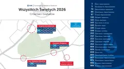 Mapa komunikacji na Cmentarz Grębałów z numerami linii autobusowych.