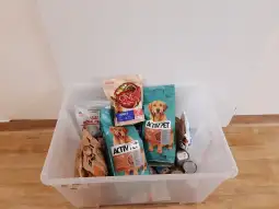 Pojemnik z karmą dla psów i akcesoriami dla zwierząt.