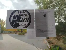 Zbiórka dla schroniska z informacjami i logo organizacji Psia Łapa Koci Pazur 2026.