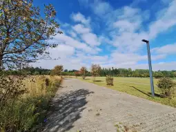 Droga w parku otoczona drzewami i trawą, z niebieskim niebem i chmurami.