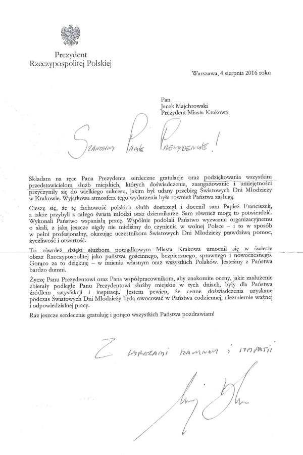 ŚDM - gratulacje od prezydenta RP Andrzeja Dudy