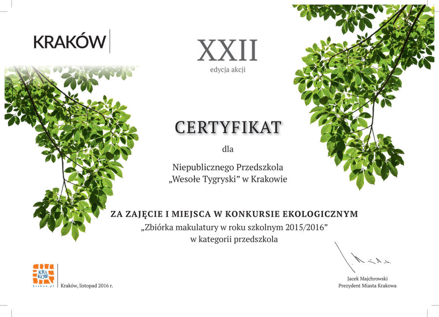 konkurs makulaturowy, certyfikat