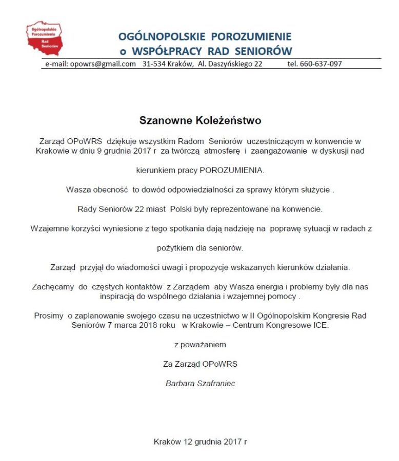 Podziękowanie OPoWRS 2017