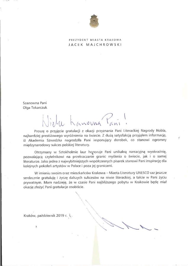 List gratulacyjny prezydenta Jacka Majchrowskiego dla Olgi Tokarczuk