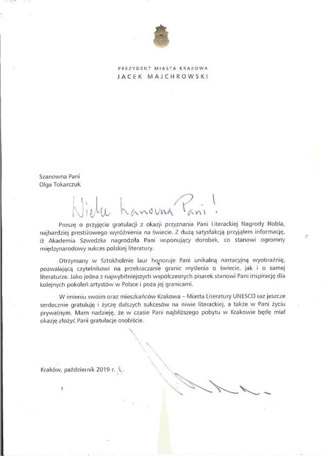 Tokarczuk list PMK
