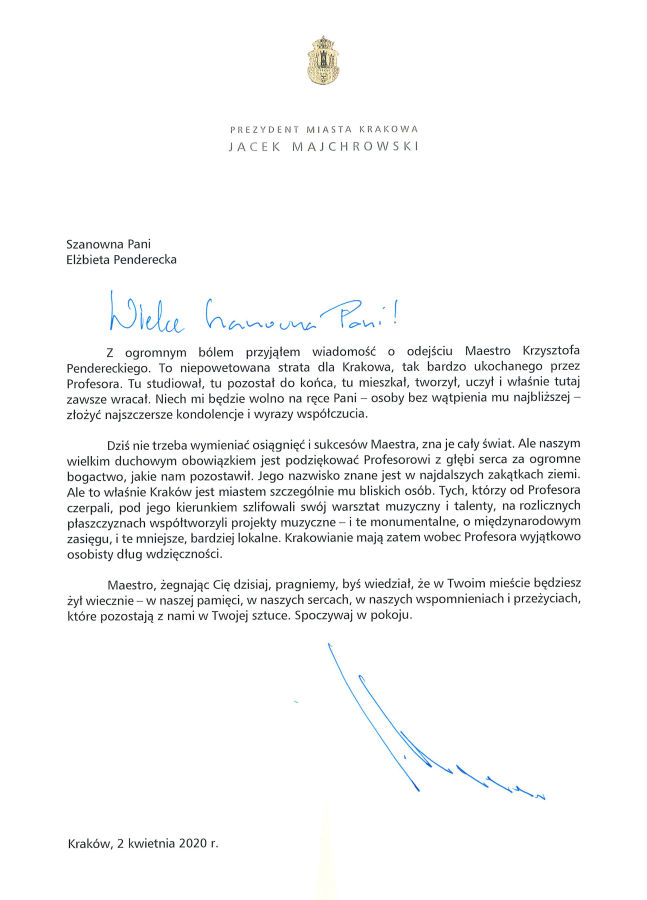 pogrzeb Krzysztofa Pendereckiego - list pożegnalny