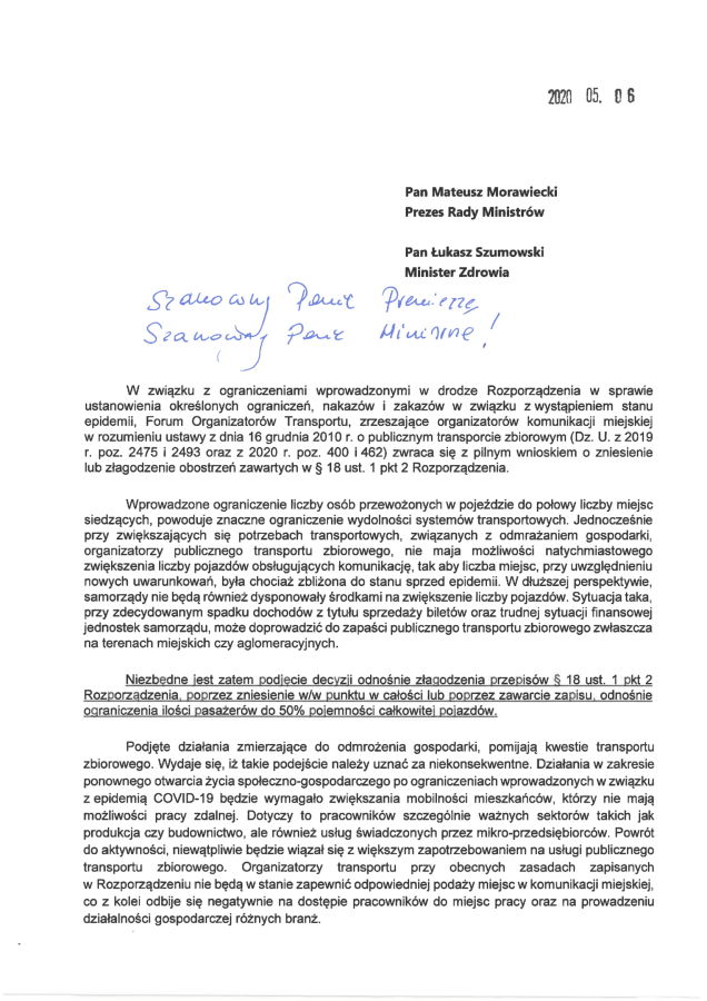 List do premiera  zmniejszenie obostrzeń w komunikacji