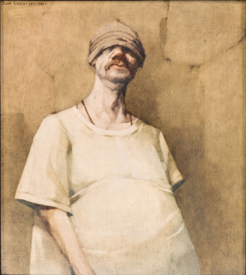 Jerzy Duda-Gracz: autoportret Czapa 1981, olej, płyta pilśniowa.jpg