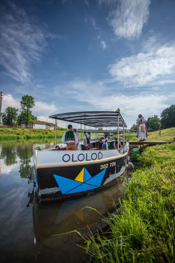 Ołomuniec. Łódź przycumowana do trawiastego brzegu rzeki Morawy 