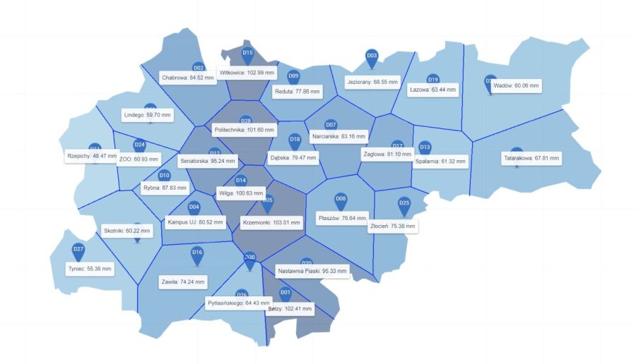 Wysokość opadów odnotowanych w poszczególnych rejonach Krakowa 5 sierpnia 2021 r. Dane pochodzą ze zintegrowanej sieci deszczomierzy, stanowiącej element systemu analitycznego Wodociągów Miasta Krakowa SA.
