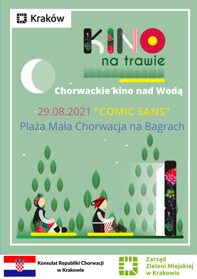 Plakat reklamujący pokaz chorwackiego filmu "Comic Sans" w ramach cyklu "Kino na Trawie"