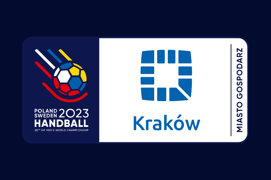 Logo Mistrzostw Świata w piłce ręcznej 2023 oraz logotyp Krakowa  Miasta Gospodarza imprezy 