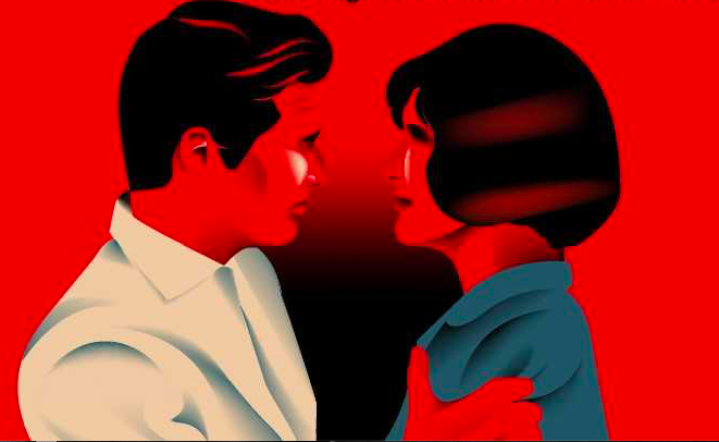 fragment plakatu przeglądu mistrzów kina hiszpańskiego w Kinie Pod Baranami. Schematycznie przedstawieni stojący blisko siebie i zwróceni twarzą do siebie kobieta i mężczyzna na czerwonym tle.  