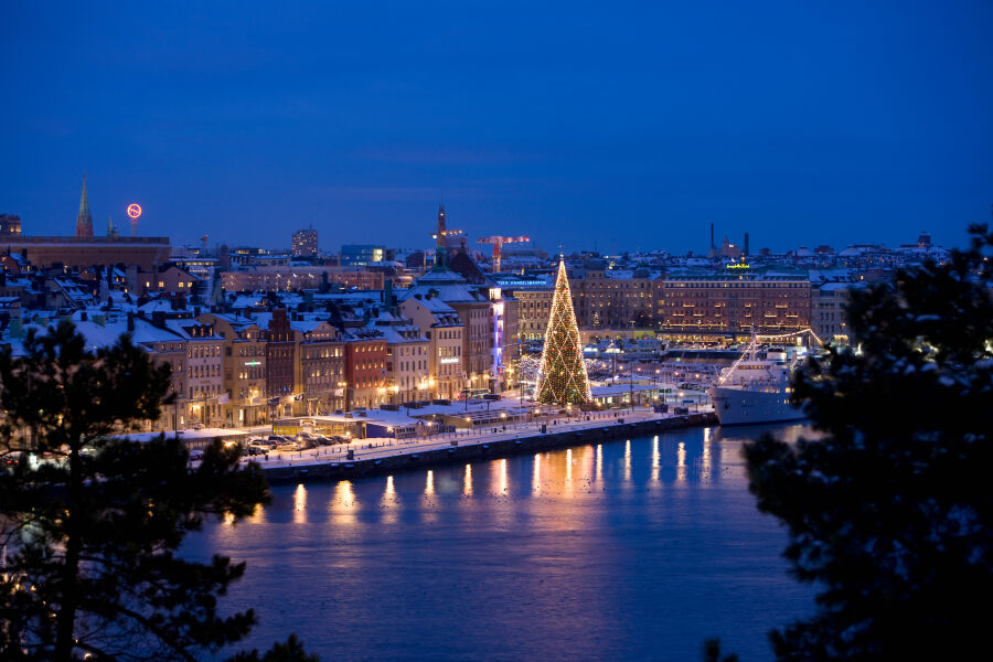 Skeppsbron w Sztokholmie w okresie bożonarodzeniowym. Iluminacja świąteczna starego miasta oraz wysoka choinka stojąca na nabrzeżu. 