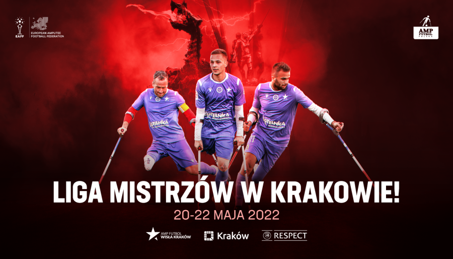 Grafika przedstawia trzech piłkarzy ampfutbolowych na czerownym tle oraz grafiki sponsorów wydarzenia Miasto Kraków, Towarzystwo Sportowe Wisła Kraków 