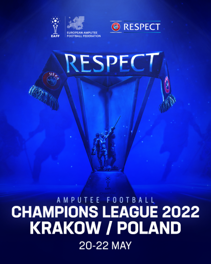 Grafika promująca wydarzenie sportowe Ligi Mistrzów w amp futbolu w języku angielskim