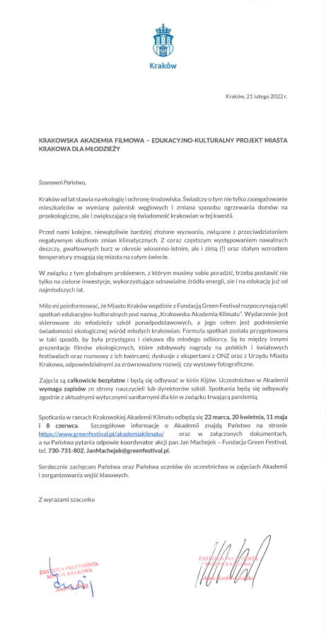 List zastępcy prezydenta Krakowa ds. polityki społecznej i komunalnej Andrzeja Kuliga oraz zastępcy prezydenta ds. edukacji, sportu i turystyki Anny Korfel-Jasińskiej, w sprawie Krakowskiej Akademii K