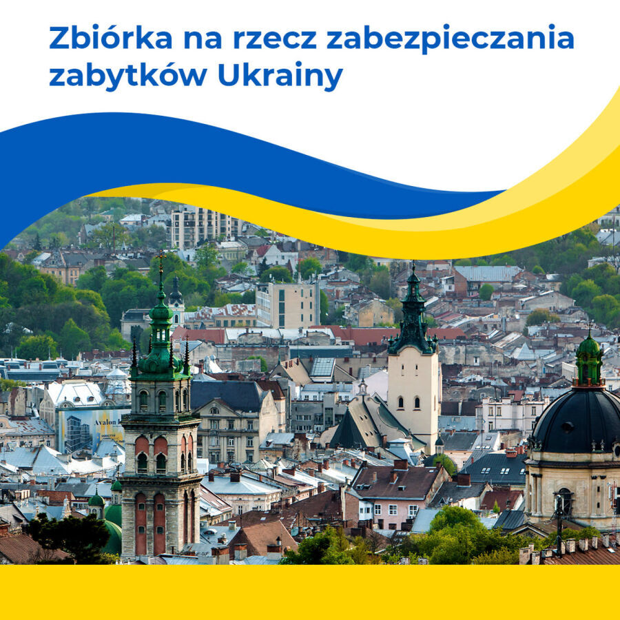 Zbiórka na zabezpieczenie zabytków Lwowa - plakat zbiórki z widokiem zabytkowego centrum miasta Lwowa