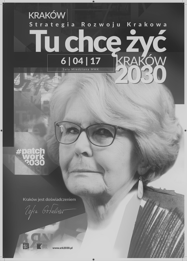 Plakat z Zofią Gołubiew z prac nad Strategią Rozwoju Krakowa 2030
