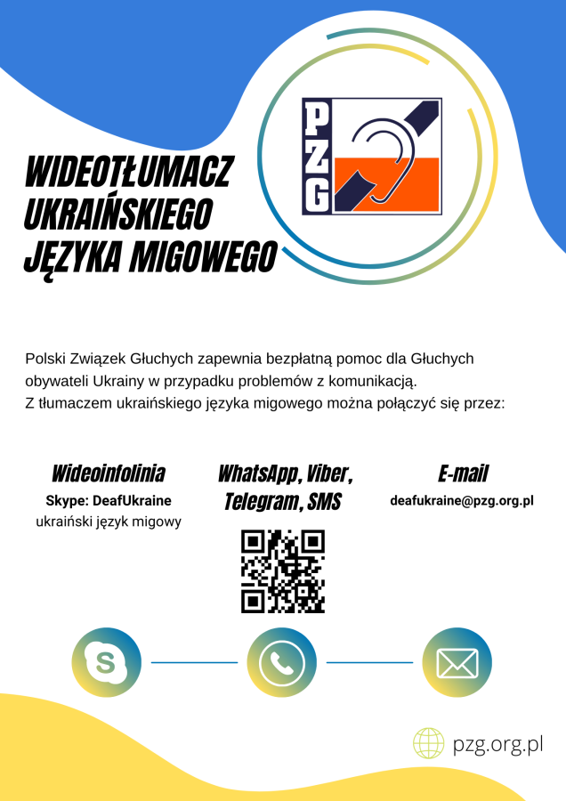 Grafika przedstawia ulotkę dotycząca usługi wideotłumacza ukraińskiego języka migowego