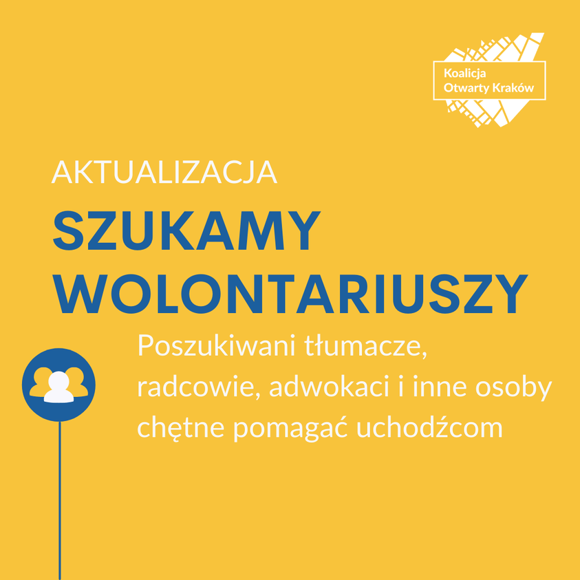 Żółta plansza z napisem: aktualizacja, szukamy wolontariuszy, ilustrująca informację Koalicji Otwarty Kraków