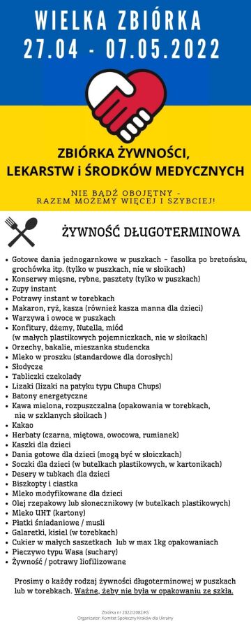 Kraków dla Ukrainy - wielka zbiórka, żywność