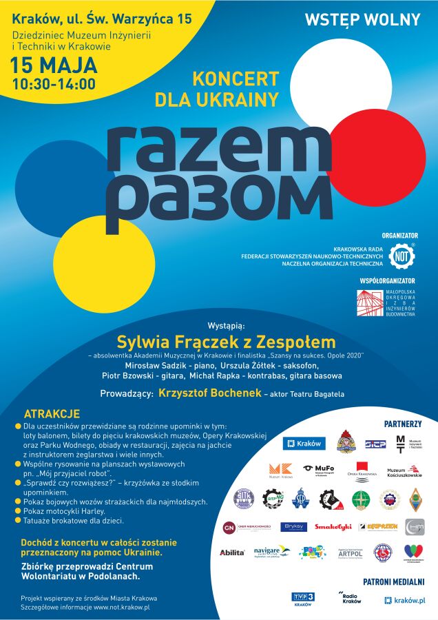 Plakat koncertu charytatywnego dla Ukrainy organizowanego przez NOT 15 maja 2022