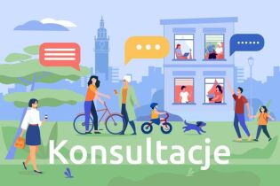 Rysowane postacie dzieci i dorosłych na trawie tle zabudowań i napis: Konsultacje. Fot. Obywatelski Kraków