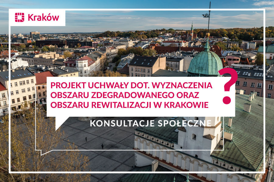 Zdjęcie przedstawiające z drona plac Wolnica z napisem - Projekt uchwały w sprawie wyznaczenia obszaru zdegradowanego oraz obszaru rewitalizacji w Krakowie.