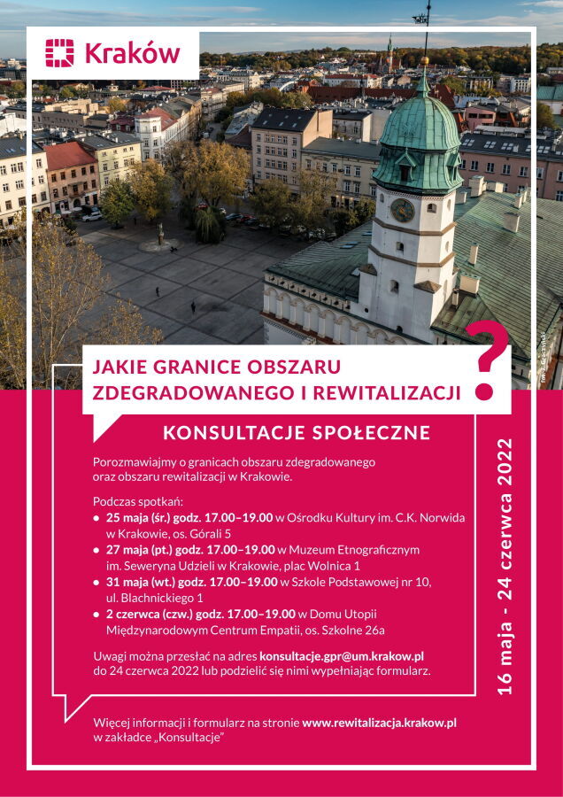 Plakat Konsultacje społeczne obszarów zdegradowanych w Krakowie