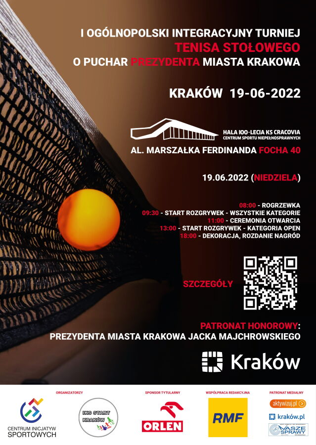 Grafika przedstawia informacje dotyczące turnieju tenisa stołowego o puchar prezydenta miasta krakowa